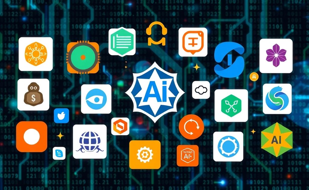 A collage of various open source AI tools and icons on a digital background