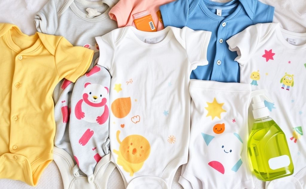 A collection of baby clothes with various stains and cleaning supplies.