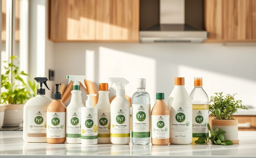 A collection of biodegradable cleaning products on a kitchen counter.