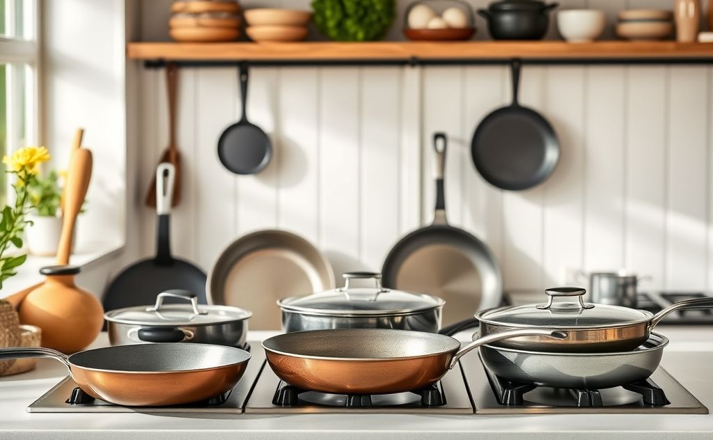 A collection of bird-safe frying pans in a bright kitchen setting