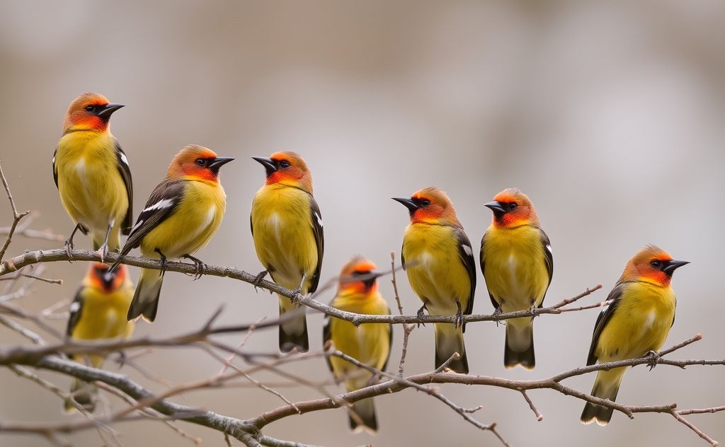 A collection of birds resembling cedar waxwings perched on branches.