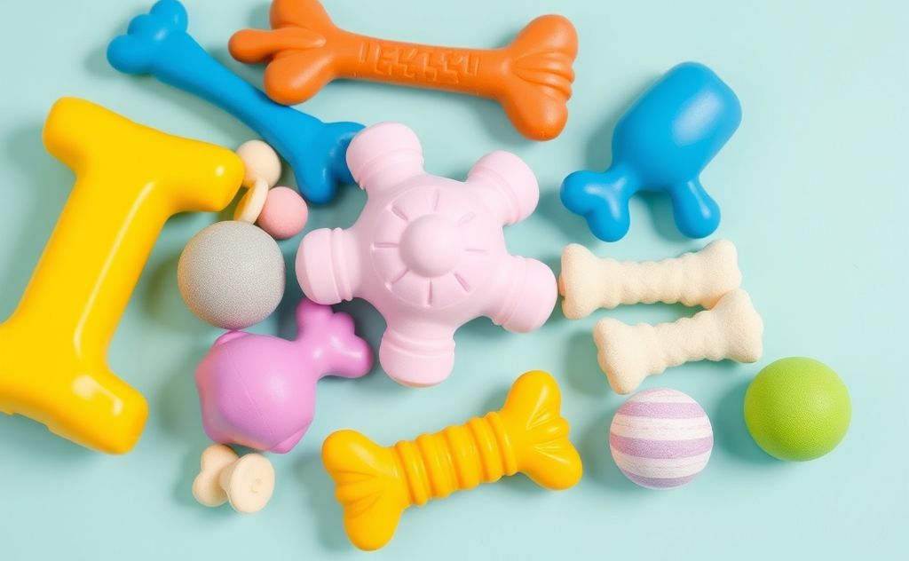 A collection of clean rubber and nylon pet toys on a bright surface.