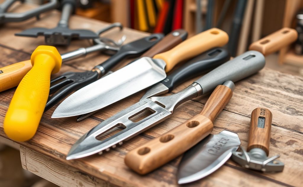 A collection of clean, shiny garden tools on a wooden workbench.
