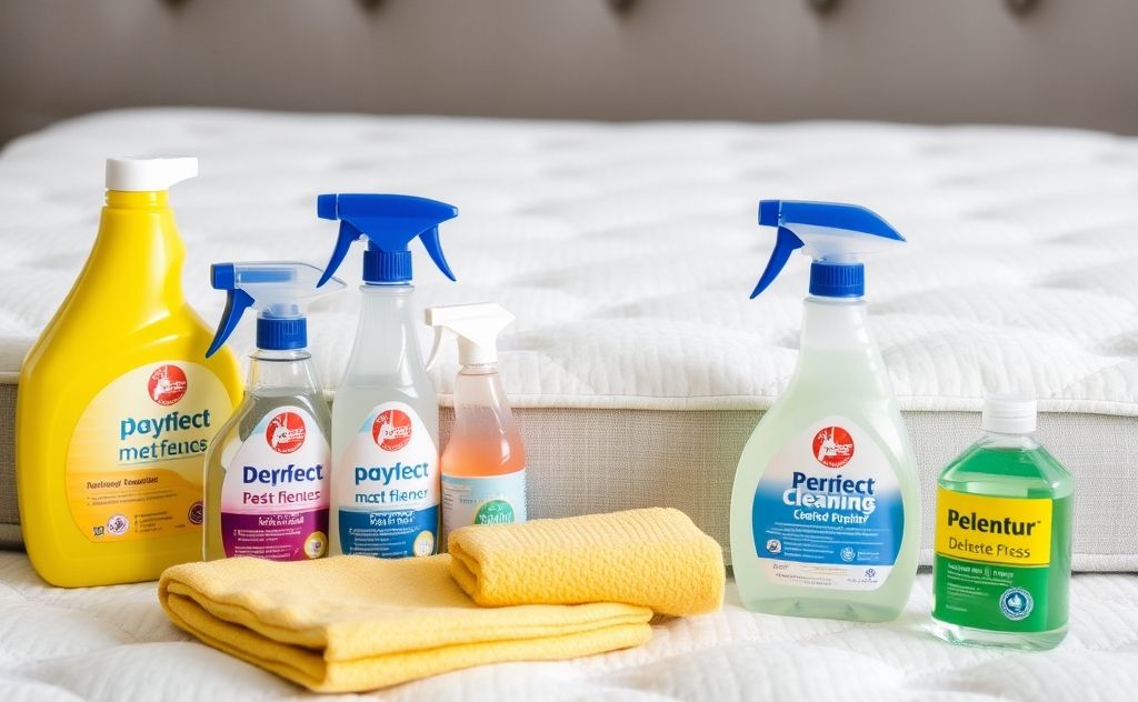 A collection of cleaning supplies for deep cleaning a mattress.