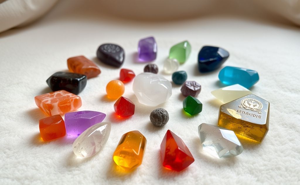 A collection of colorful chakra crystals arranged on a soft surface.