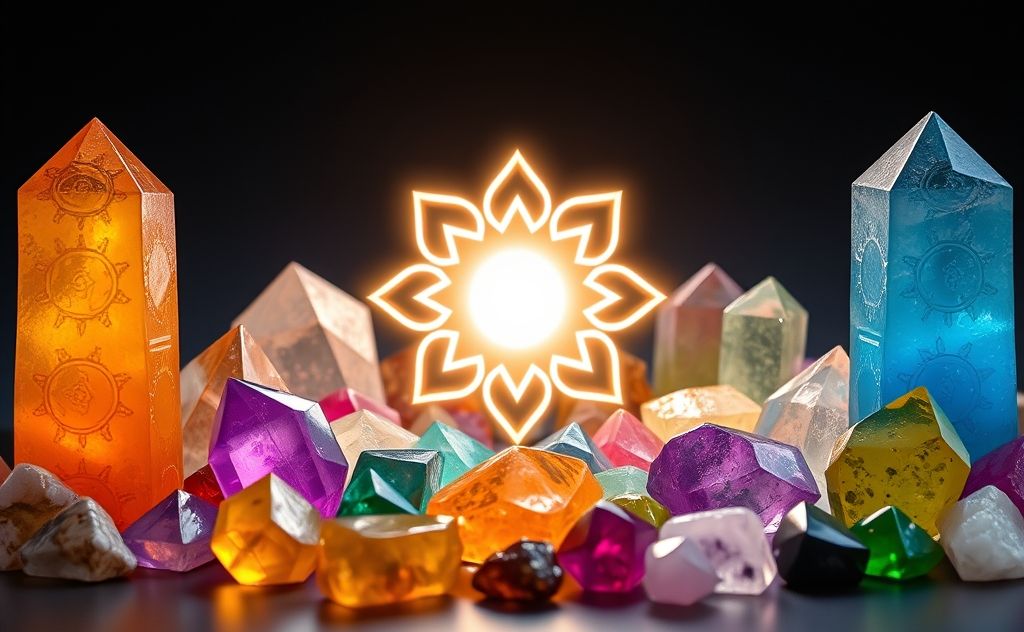 A collection of colorful crystals arranged around a glowing chakra symbol.
