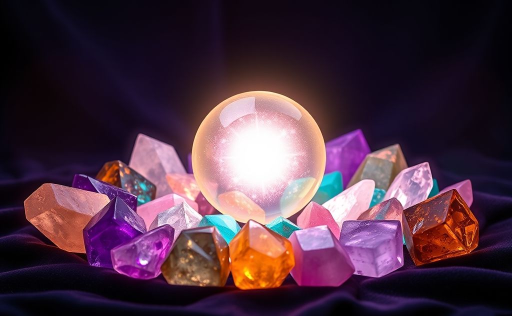 A collection of colorful healing crystals arranged around a glowing chakra.