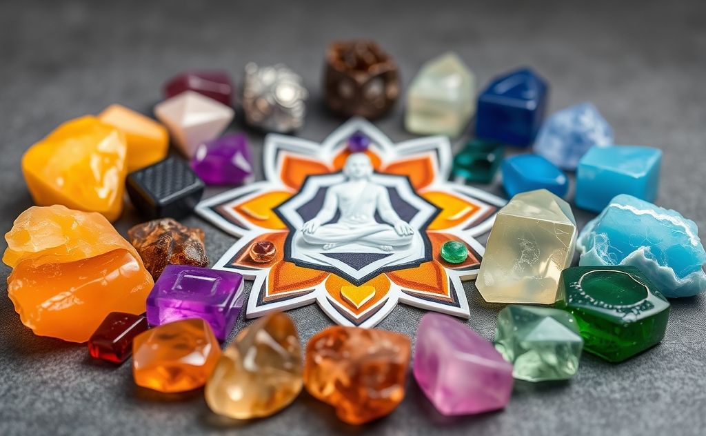 A collection of colorful healing crystals arranged around chakra symbols.