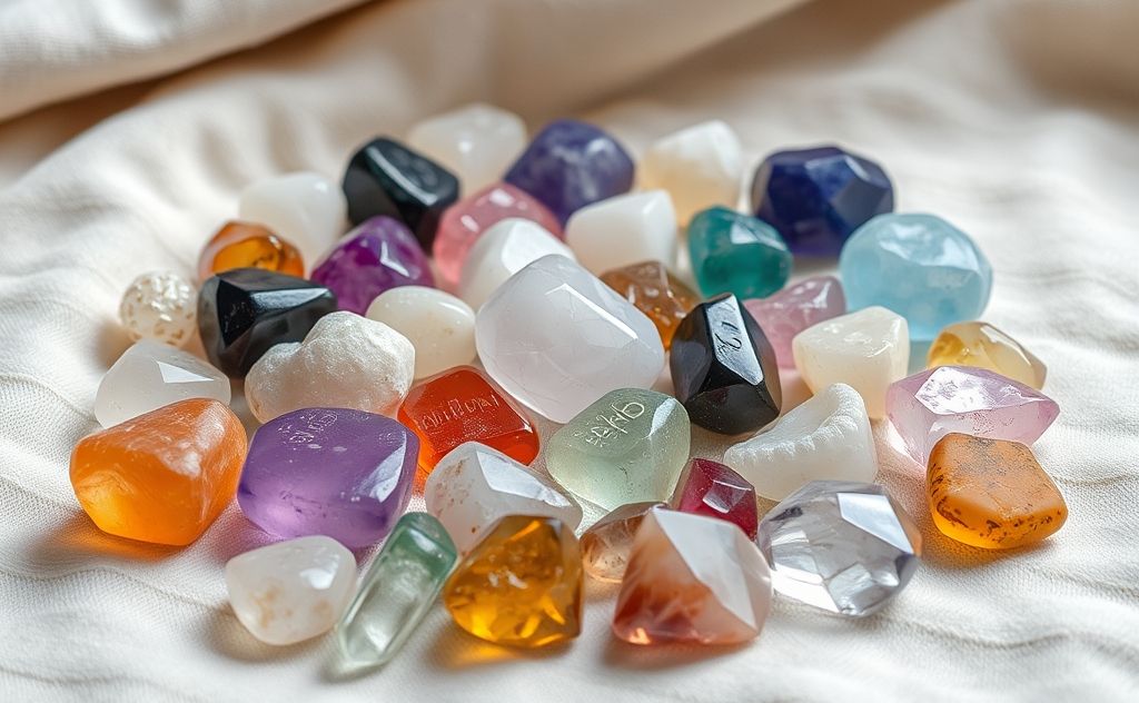 A collection of colorful healing crystals arranged on a soft cloth.