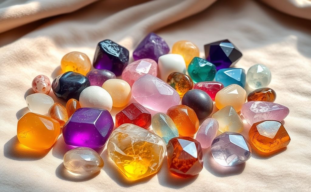 A collection of colorful healing stones arranged on a soft fabric.