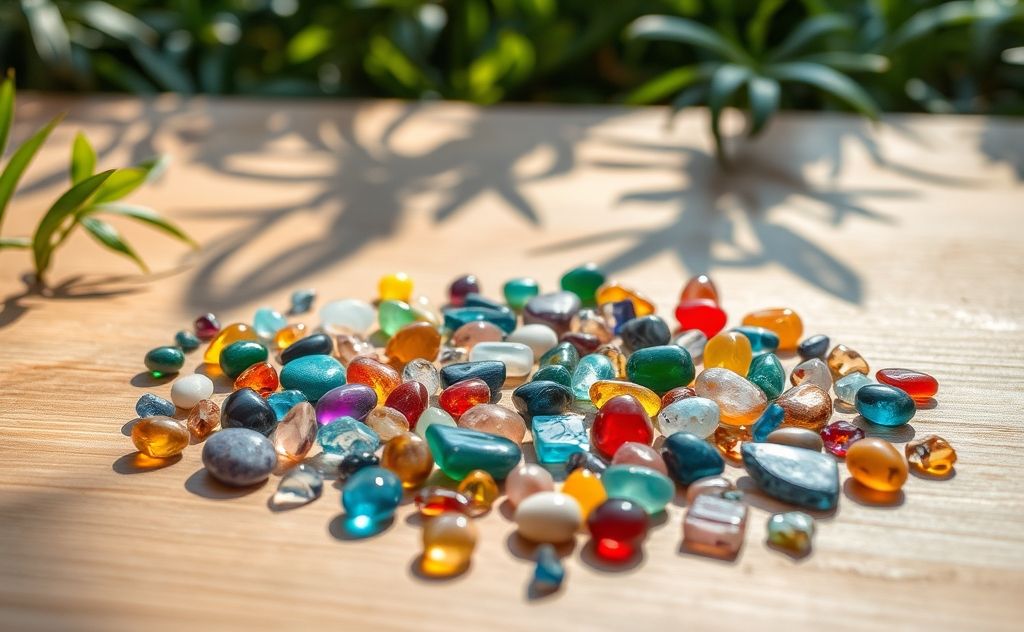 A collection of colorful stones arranged in a calming setting.