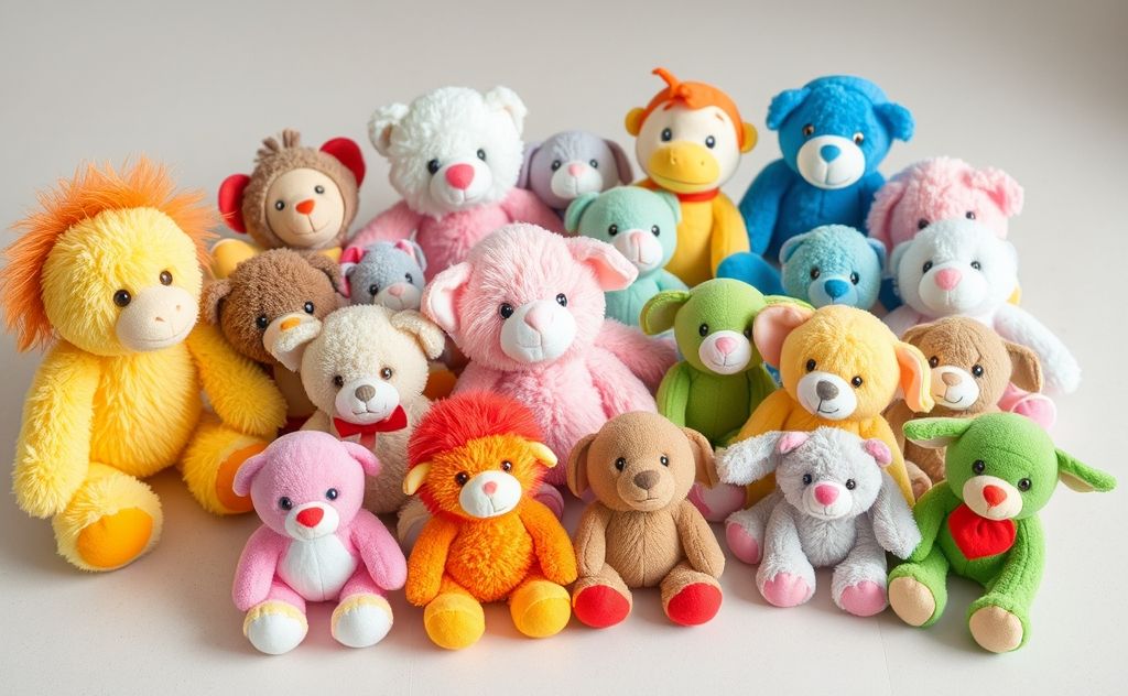 A collection of colorful stuffed animals and plush toys on a clean surface.