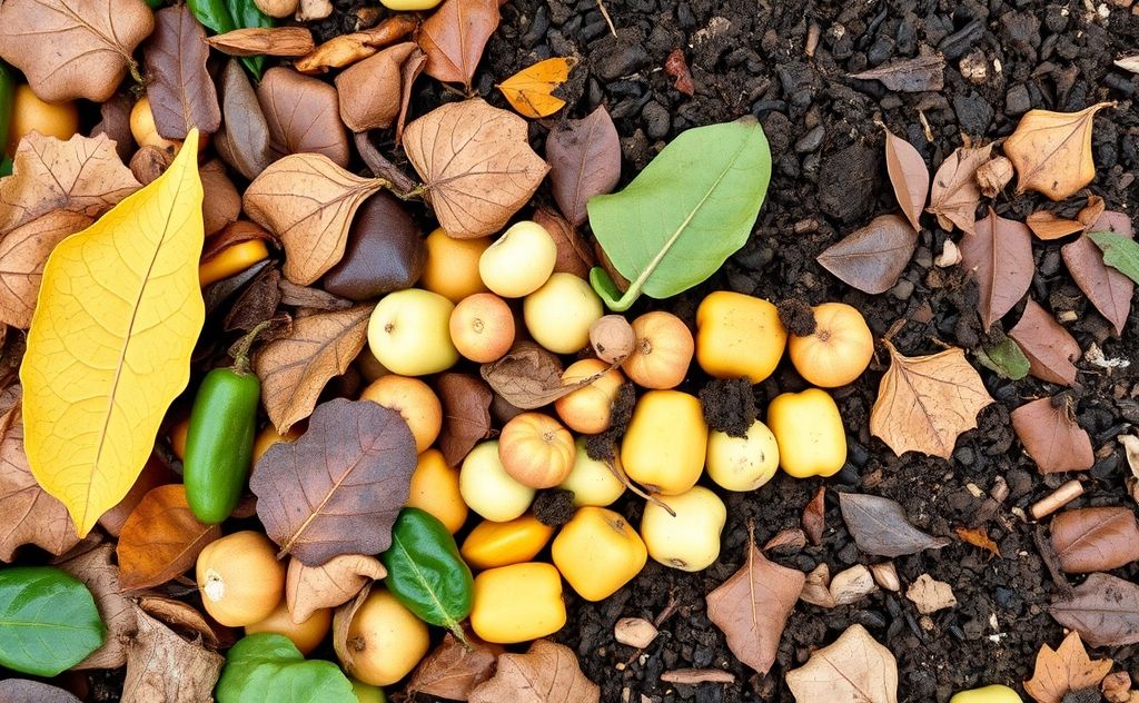 A collection of composting materials like leaves, fruit scraps, and soil.