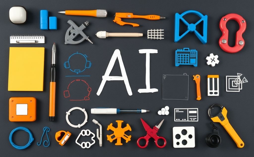 A collection of digital tools and symbols representing AI writing.