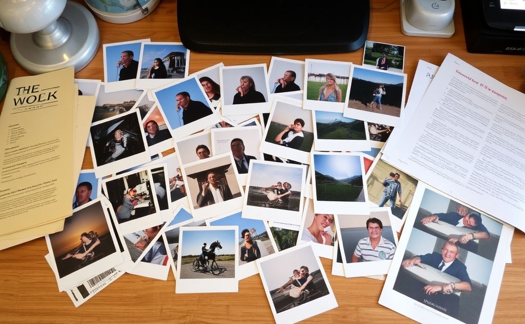 A collection of digitized photos and paper memorabilia on a desk.