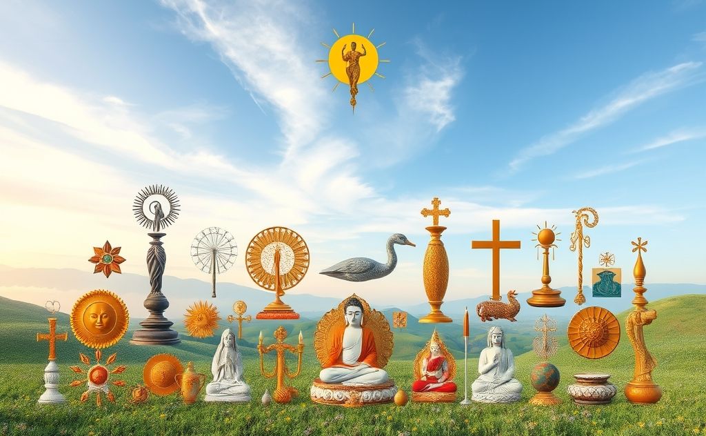 A collection of diverse spiritual symbols on a serene background.