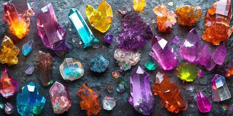 A collection of diverse, brightly colored crystals on a dark, textured surface