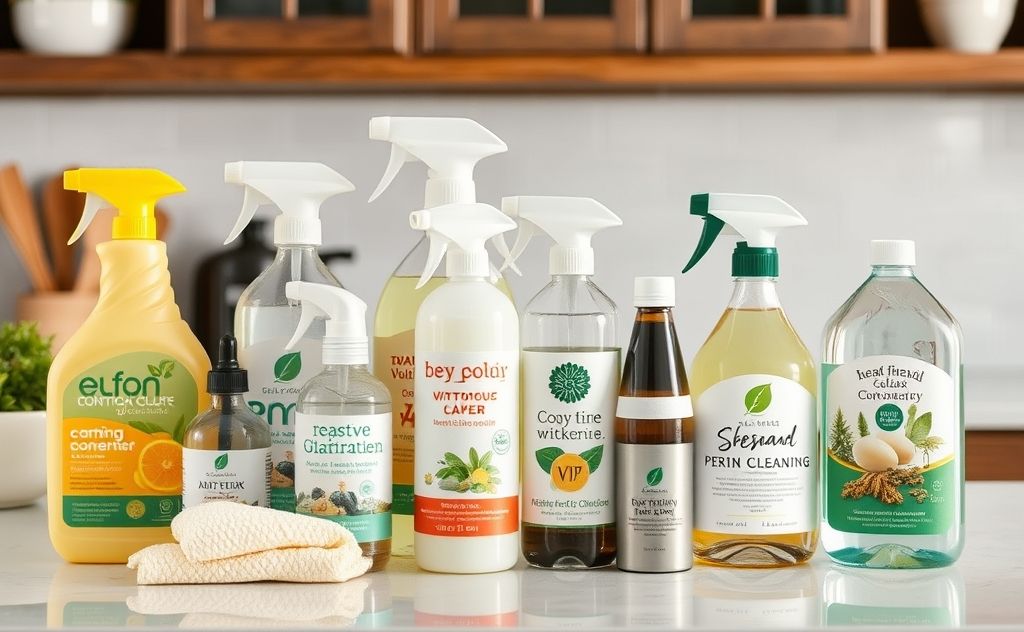 A collection of eco-friendly cleaning products on a kitchen counter.