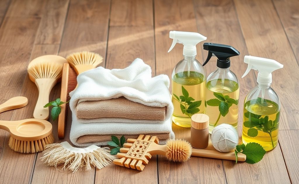A collection of eco-friendly cleaning tools on a wooden floor.
