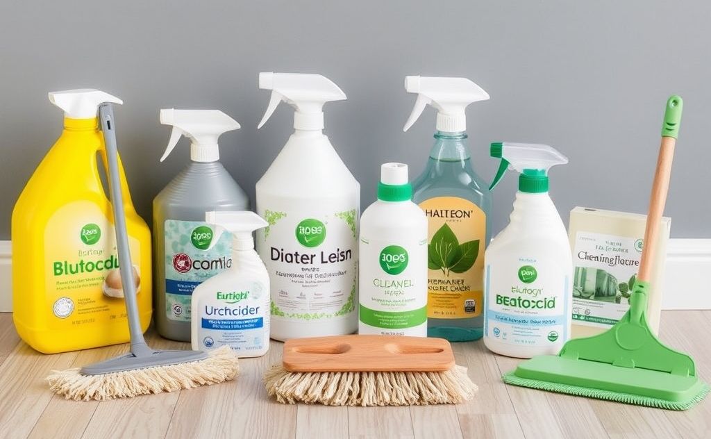A collection of eco-friendly floor cleaning supplies and tools.