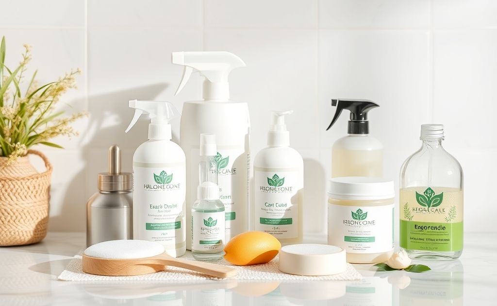 A collection of eco-friendly household products on a clean surface.