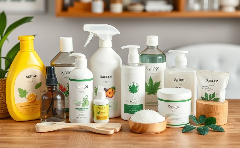 A collection of eco-friendly household products on a wooden table.