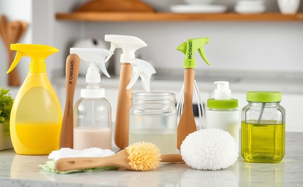 A collection of eco-friendly reusable cleaning tools on a kitchen counter.