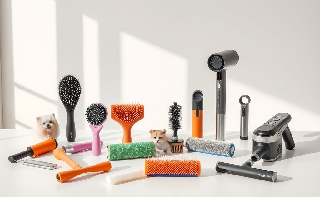A collection of effective pet hair removal tools on a clean surface.