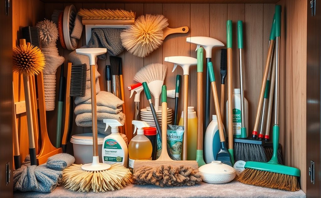 A collection of essential cleaning tools for winter home maintenance.