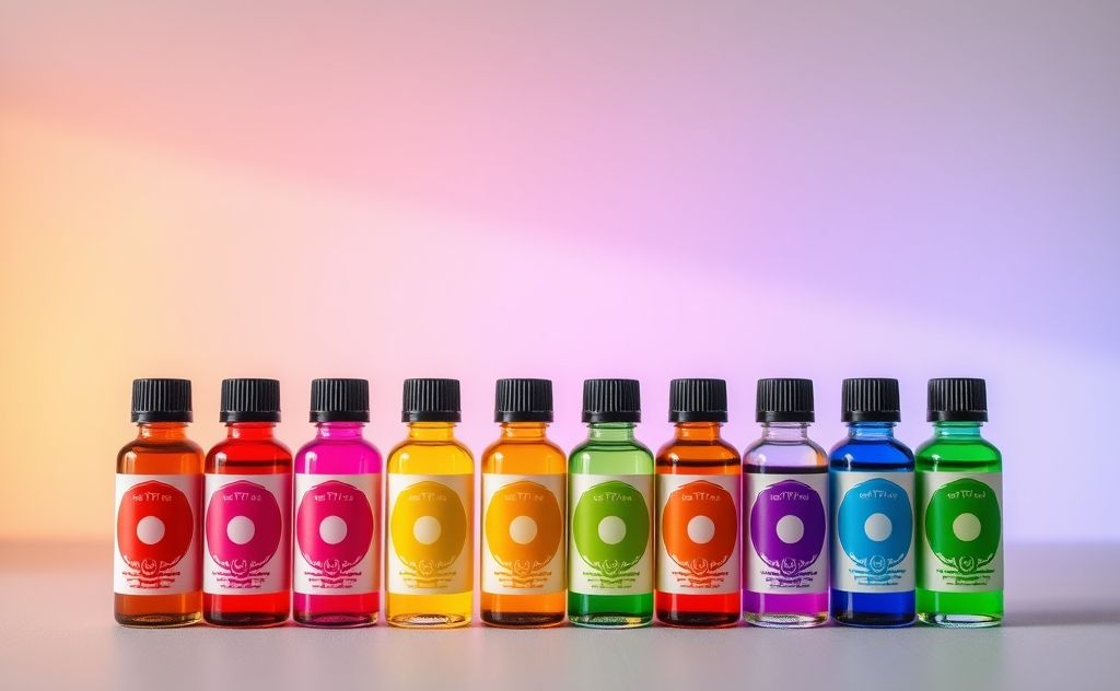 A collection of essential oil bottles arranged by chakra colors.