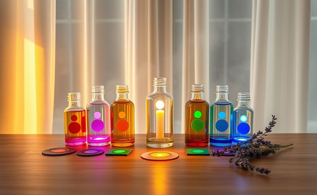 A collection of essential oil bottles arranged with chakra symbols.