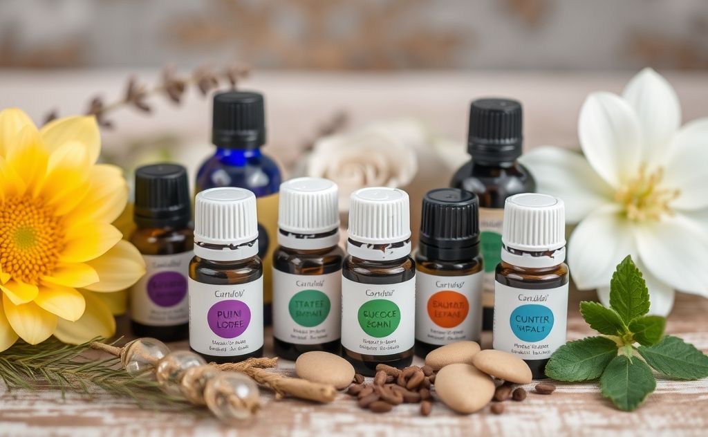 A collection of essential oil bottles surrounded by calming natural elements.