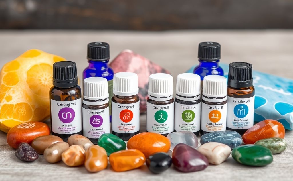 A collection of essential oil bottles surrounded by colorful chakra stones.