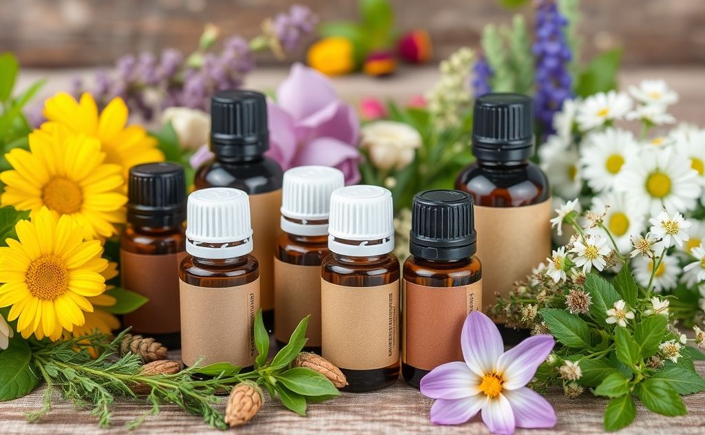 A collection of essential oil bottles surrounded by fresh herbs and flowers.
