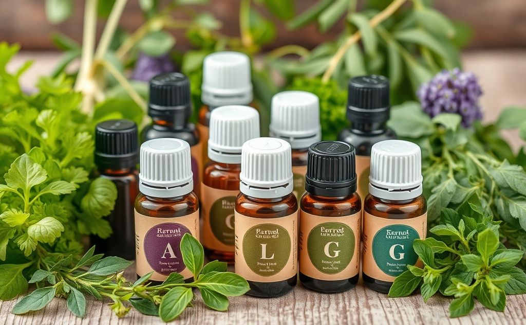 A collection of essential oil bottles surrounded by fresh herbs.