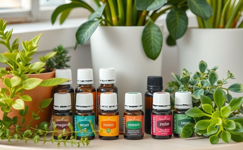 A collection of essential oil bottles surrounded by indoor plants.