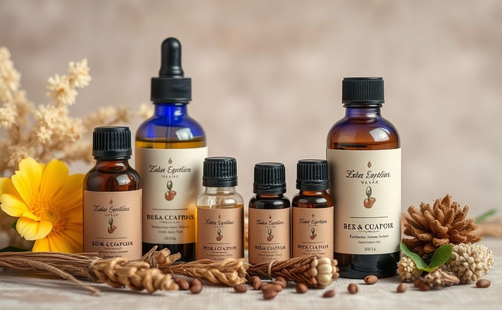 A collection of essential oils and natural scents in earthy tones.