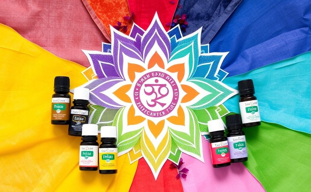 A collection of essential oils arranged around colorful chakra symbols.