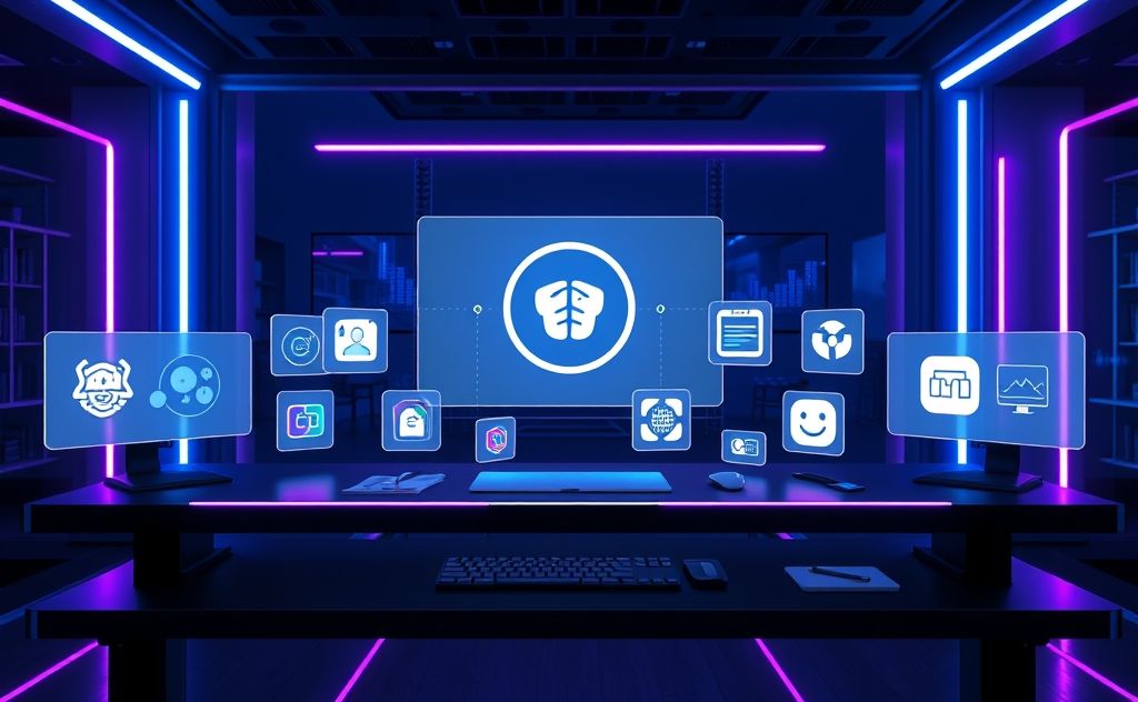 A collection of free AI tools on a digital workspace background