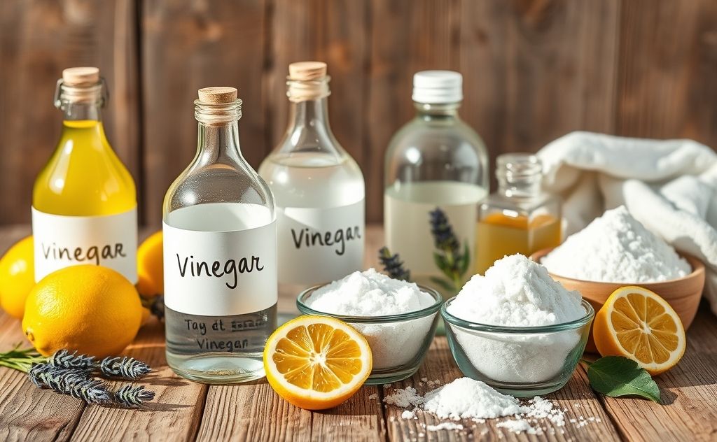 A collection of natural cleaning ingredients like vinegar and baking soda.