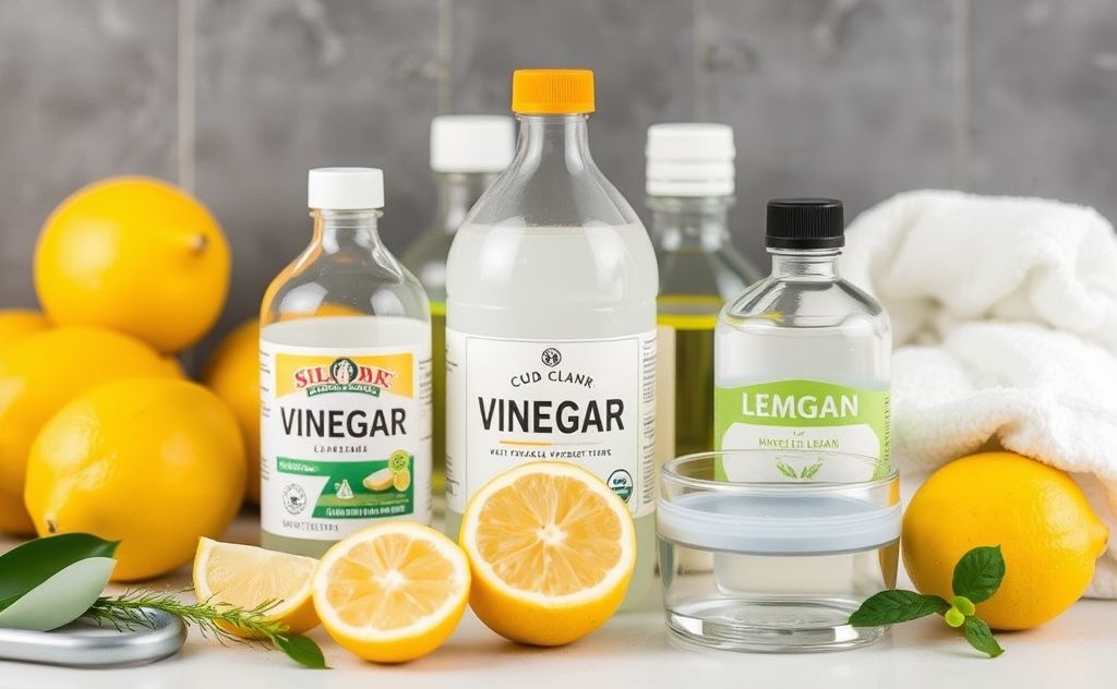 A collection of natural cleaning ingredients like vinegar and lemon.