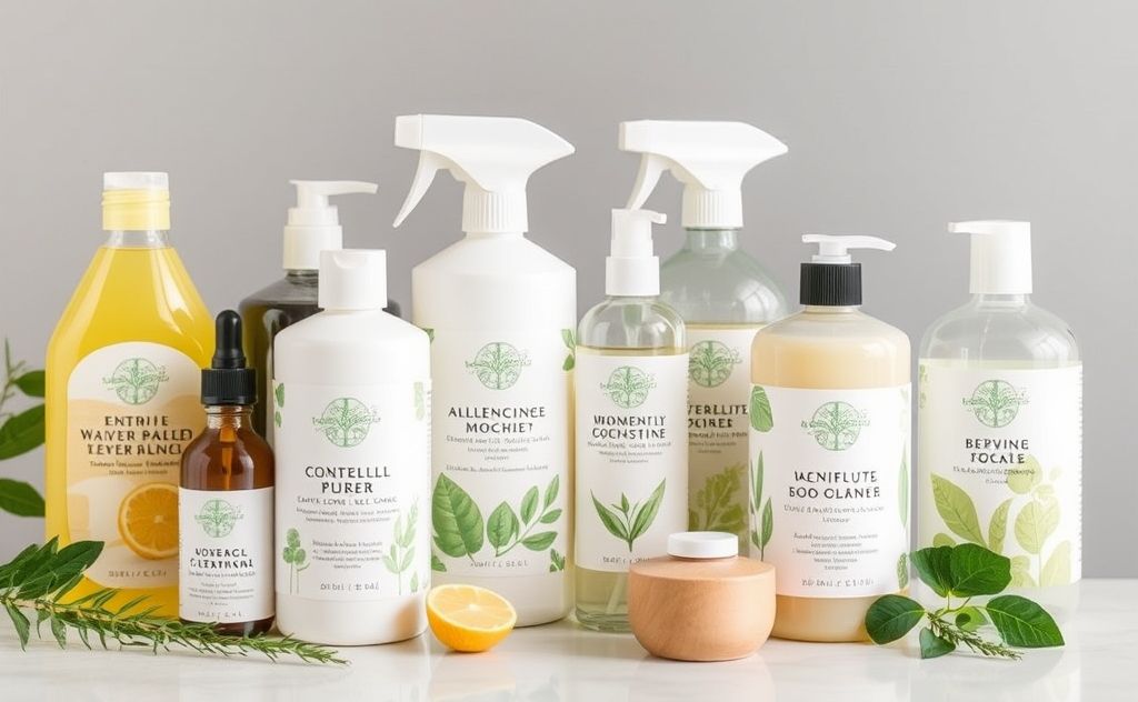 A collection of natural cleaning products in eco-friendly packaging.
