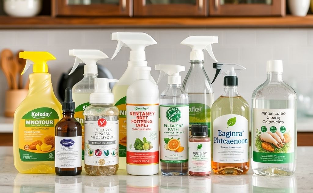 A collection of natural cleaning products on a kitchen countertop.