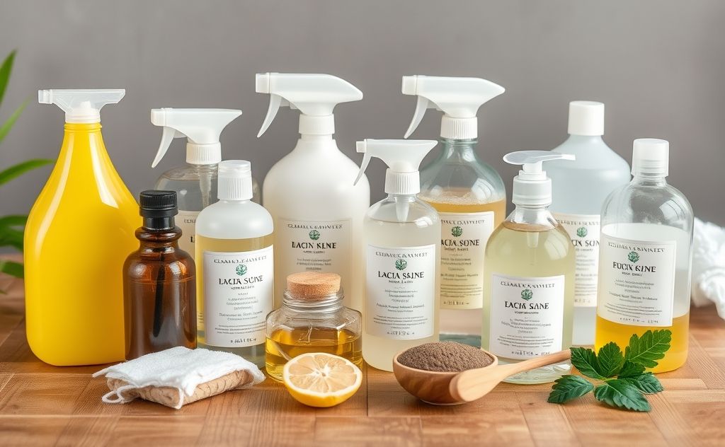 A collection of natural cleaning supplies on a wooden table.