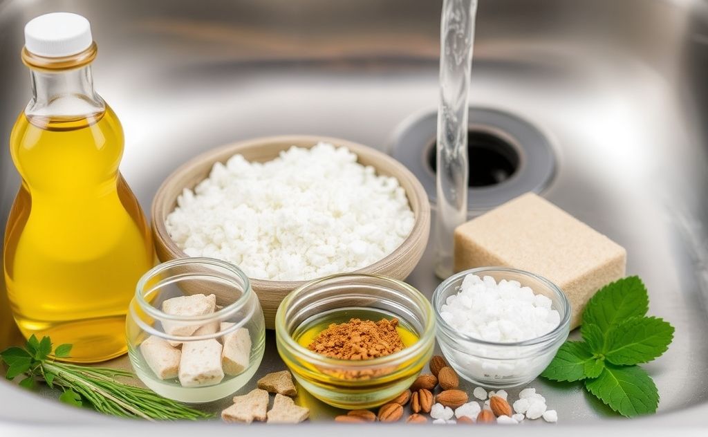 A collection of natural ingredients for effective drain cleaning.