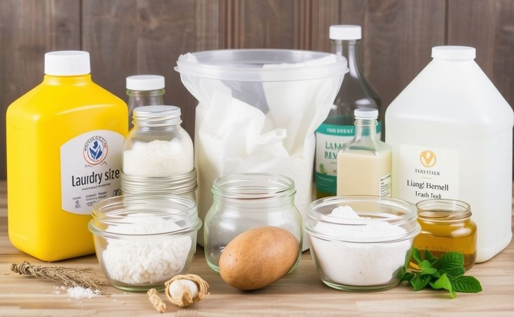 A collection of natural ingredients for homemade laundry detergent.