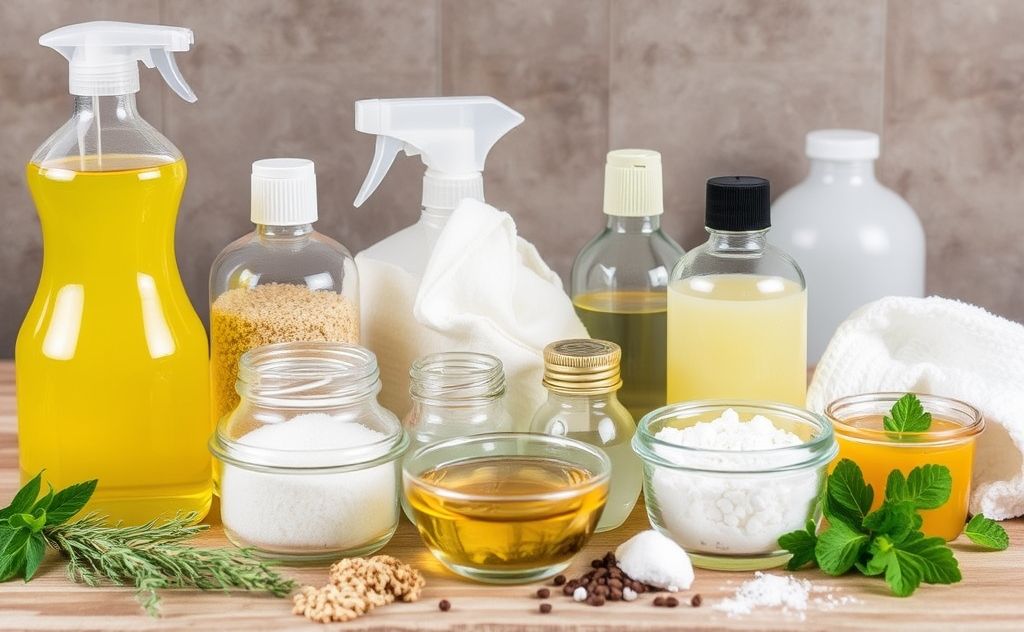 A collection of natural ingredients for making eco-friendly cleaners.
