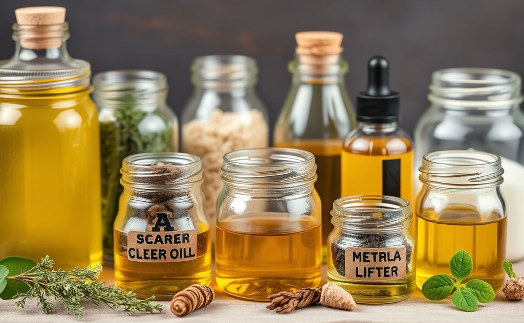 A collection of natural ingredients like herbs and oils in jars.
