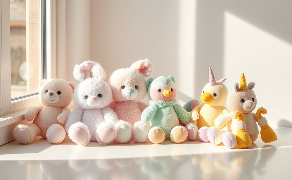 A collection of sanitized soft toys on a clean surface.