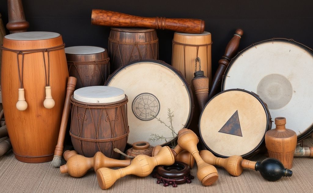 A collection of shamanic instruments like drums and rattles.
